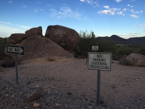 These signs posted on a hill in Cave Creek  are code for no Mexicans. 